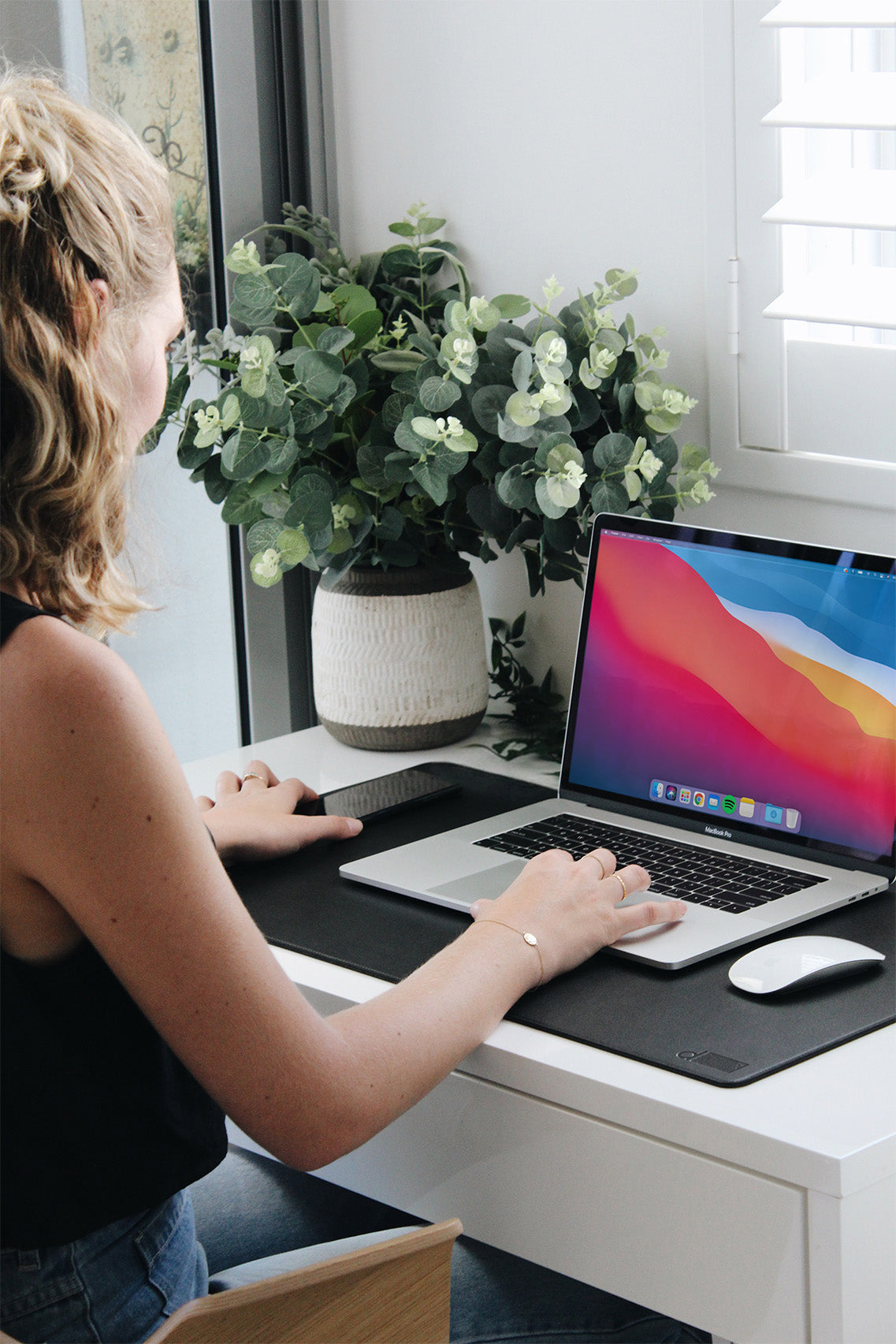 Person using a laptop on a desk with a plant in the background