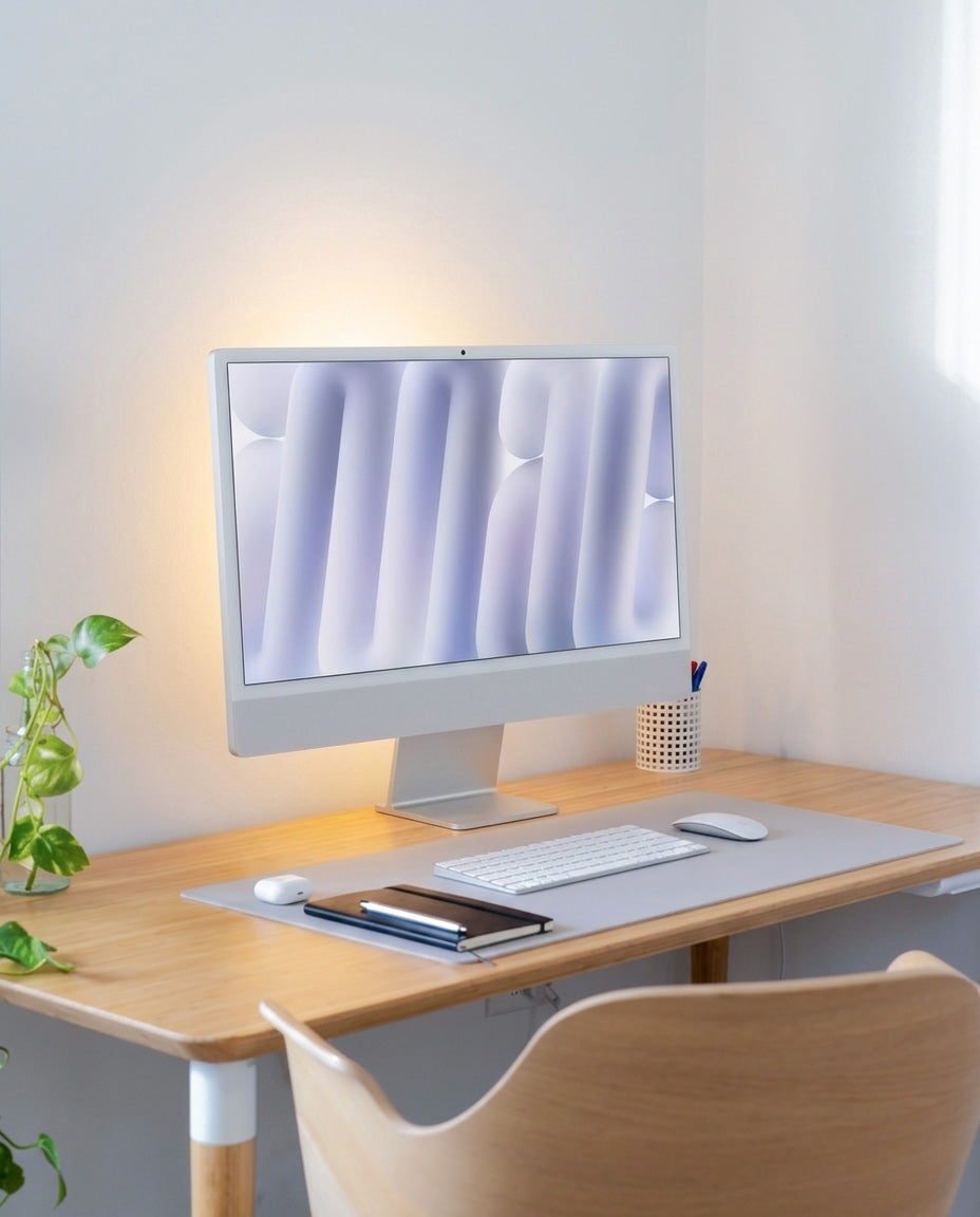 An iMac displaying a purple wallpaper on a light wood desk with a grey desk mat and a warm backlight.