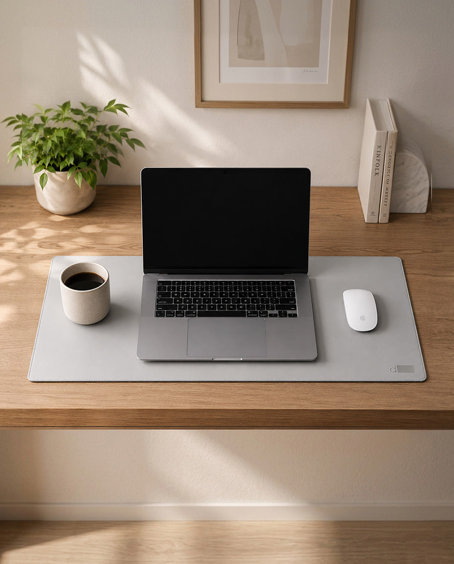 Laptop on a desk with a mouse and coffee cup, framed picture in the background
