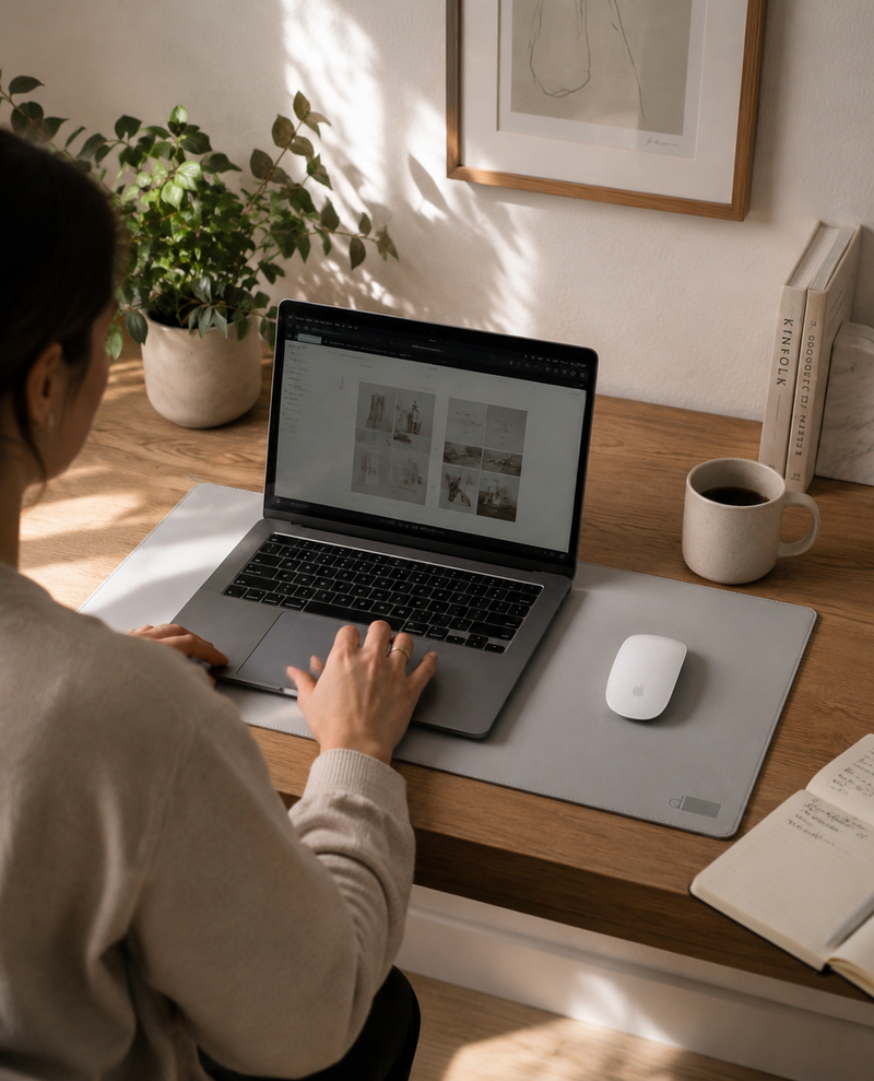 An over-the-shoulder view of a woman using a laptop on a light grey desk mat, next to a white mouse and a coffee mug.